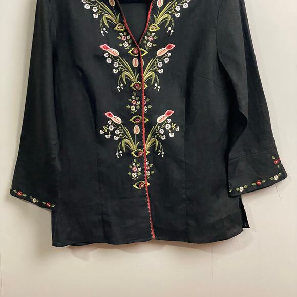 Vintage XL 100% linen coastal summer boho chic floral black Anne Carson button - Picture 3 of 7